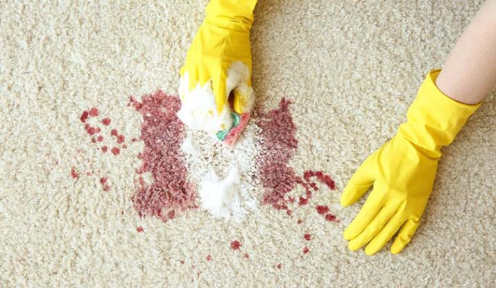 Hands in rubber gloves cleaning carpet with sponge and detergent